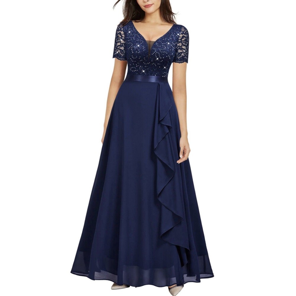 Miusol Women’s V-Neck Lace Sequin Maxi Bridesmaid Dress Navy Blue XX-Large